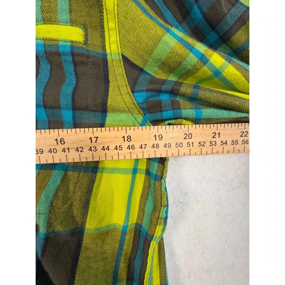 The North Face Mens Circular Design Plaid Flannel Shirt Lime Green Teal Medium